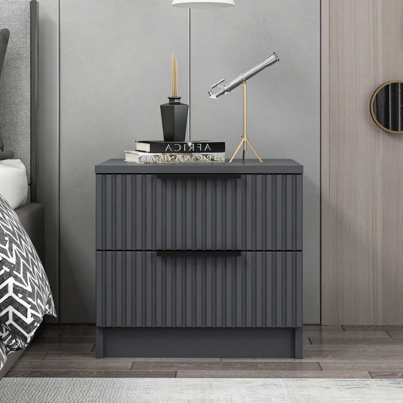 Comodino con due cassetti colore antracite effetto cannettato 50x40x47H cm - Wilmy