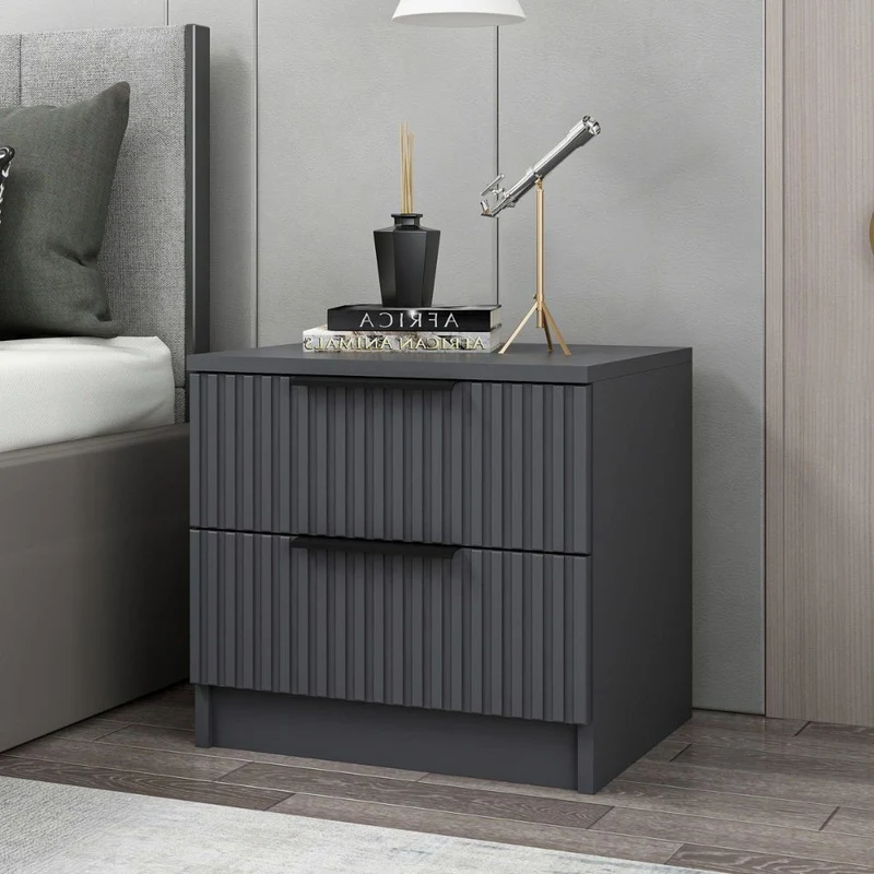 Comodino con due cassetti colore antracite effetto cannettato 50x40x47H cm - Wilmy