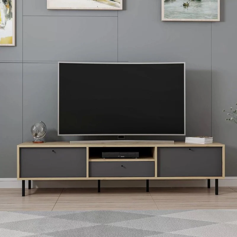Mobile porta TV con 3 ante e vano colore rovere e antracite 180x40x45H cm - Adils