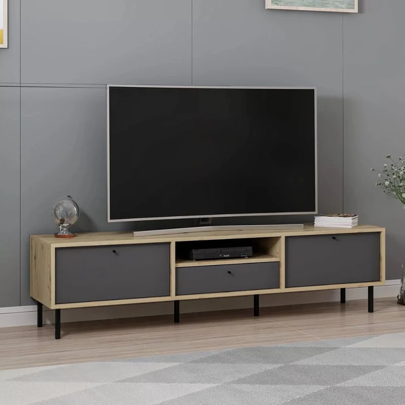 Mobile porta TV con 3 ante e vano colore rovere e antracite 180x40x45H cm - Adils