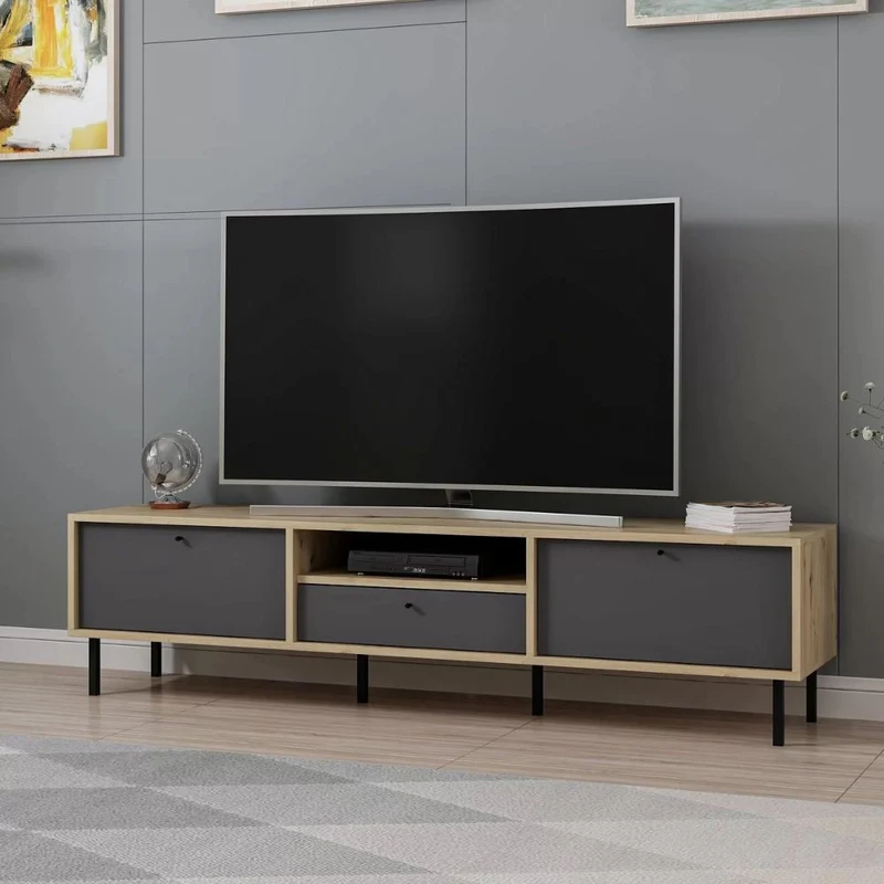 Mobile porta TV con 3 ante e vano colore rovere e antracite 180x40x45H cm - Adils
