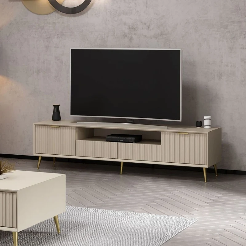 Porta TV con ante colore cashmere effetto cannettato e piedi in metallo oro 180x35x45H cm - Wilmy