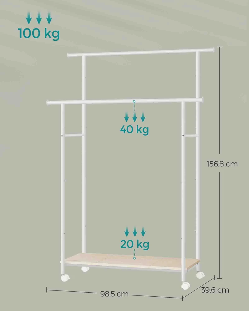 Portant à vêtements mobile avec étagère double cintre 39,6 x 98,5 x 156,8 cm en acier beige 12_0011076