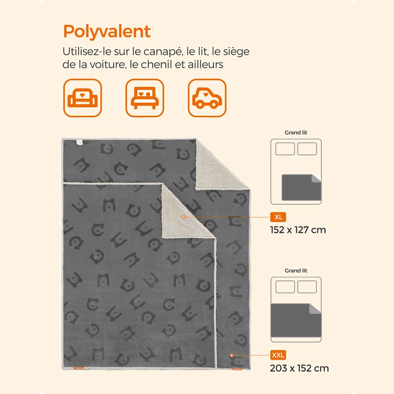Couverture réversible pour animaux 203 x 152 cm protection canapé lit lavable en machine design moderne en tissu polaire gris 12_0011049