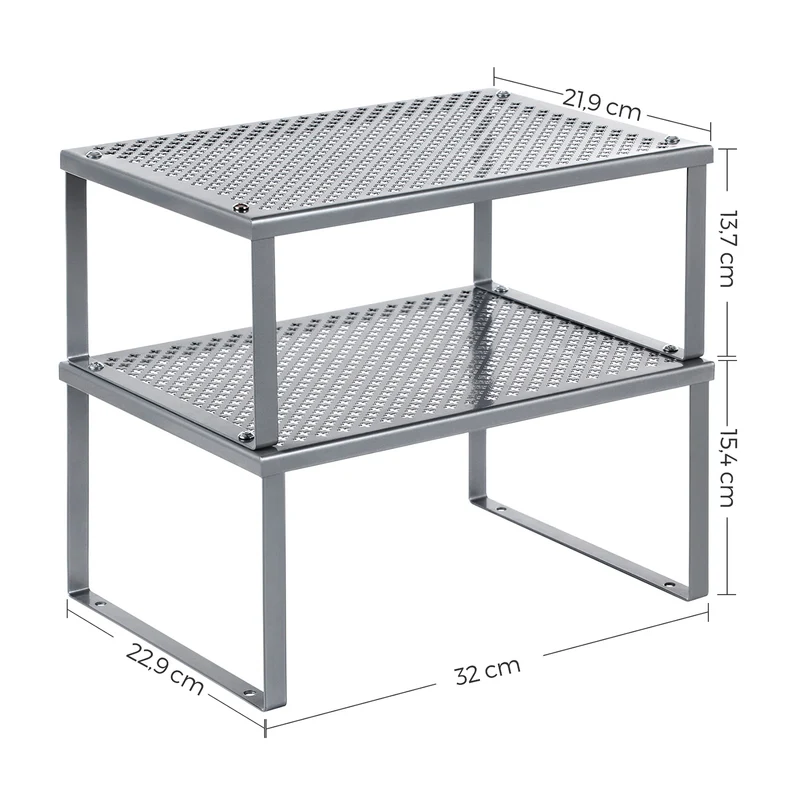Lot de 2 étagères empilables pour rangement de cuisine 32 x 22,9 x 15,4 cm en métal blanc 12_0010952