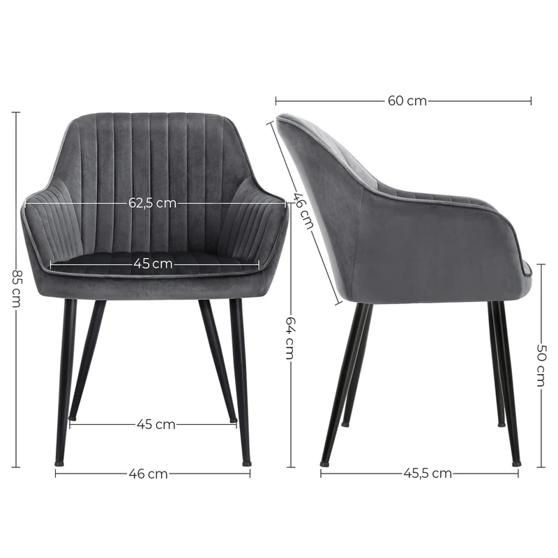 Lot de 2 chaise de salle à manger avec accoudoirs rembourrée confort 60 x 62,5 x 85 cm design contemporain en velours gris 12_0009833