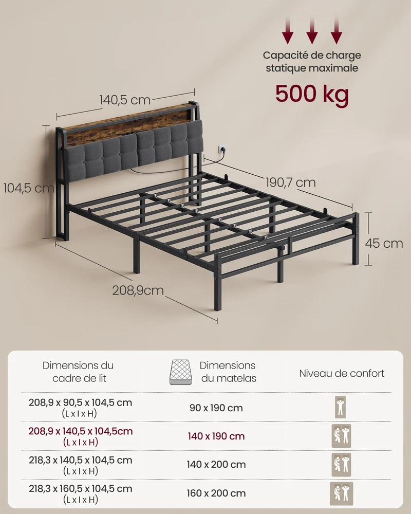Cadre de lit 90 x 190 cm avec tête de lit éclairage LED intégrées style contemporain chambre en métal noir 12_0013178