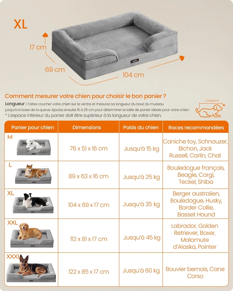 Lot de 1 panier pour chien orthopédique bord surélevé 104 x 69 x 17 cm en mousse alvéolée gris 12_0013129