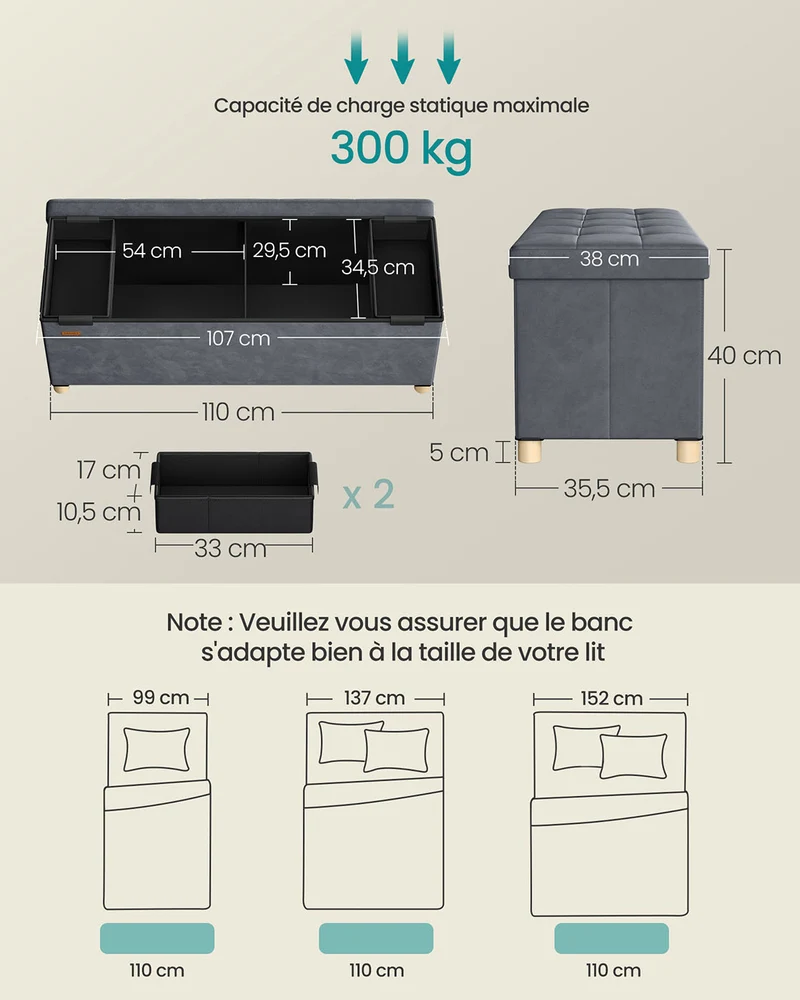 Banc de rangement pliable multifonction 38 x 110 x 40 cm usage salon chambre assise confortable en velours gris ardoise 12_0012837