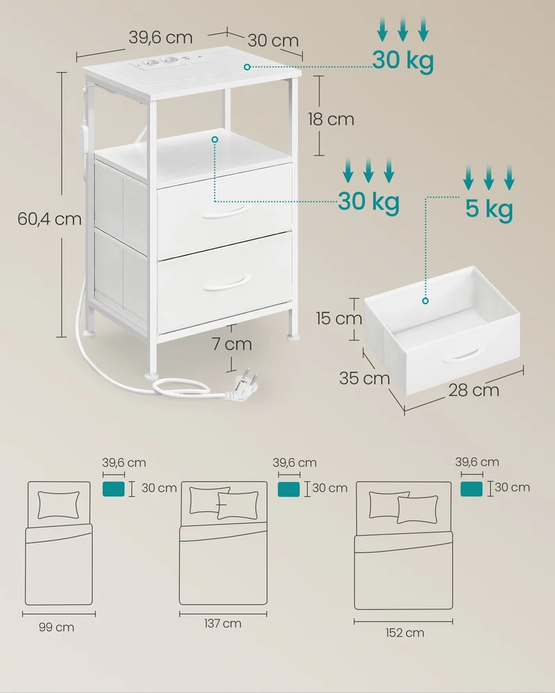 Table de chevet moderne avec éclairage LED 30 x 39,6 x 60,4 cm 1 étagère ouverte 2 tiroirs en aggloméré blanc 12_0012643