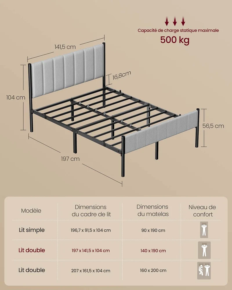 Cadre de lit simple avec tête de lit rembourrée 90 x 190 cm montage facile design moderne en acier gris 12_0012598