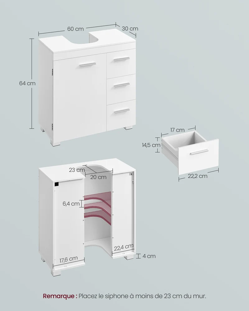 Meuble sous lavabo salle de bain 30 x 60 x 64 cm avec 3 tiroirs latéraux rangement pratique style épuré en MDF blanc 12_0012370