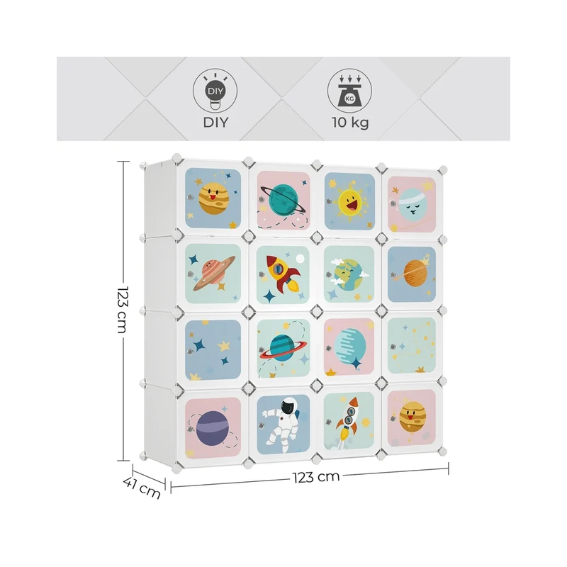 Armoire modulable en rangement enfant 123 x 41 x 123 cm avec 16 cubes empilables design épuré en plastique blanc 12_0011925