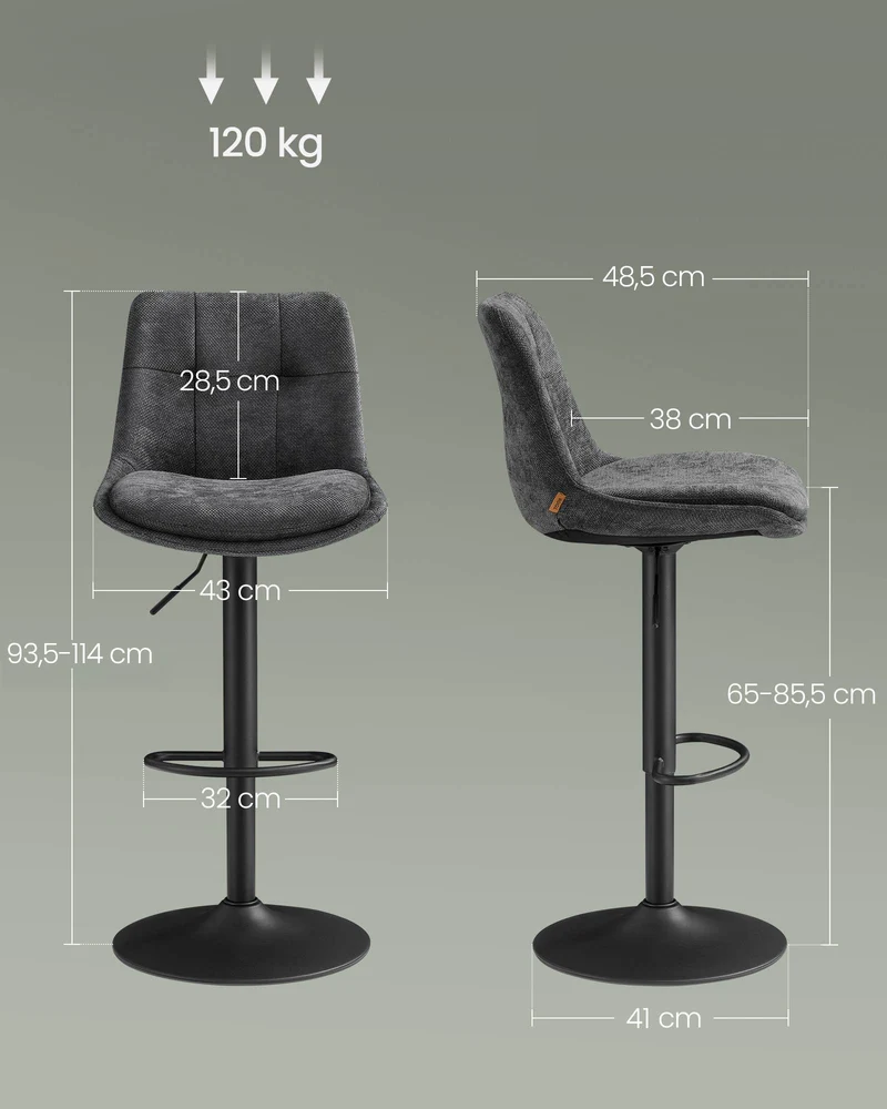 Lot de 4 tabourets de bar réglables hauteur 48,5 x 43 x 93,5-114 cm assise ergonomique style contemporain en flanelle gris ardoise 12_0011388