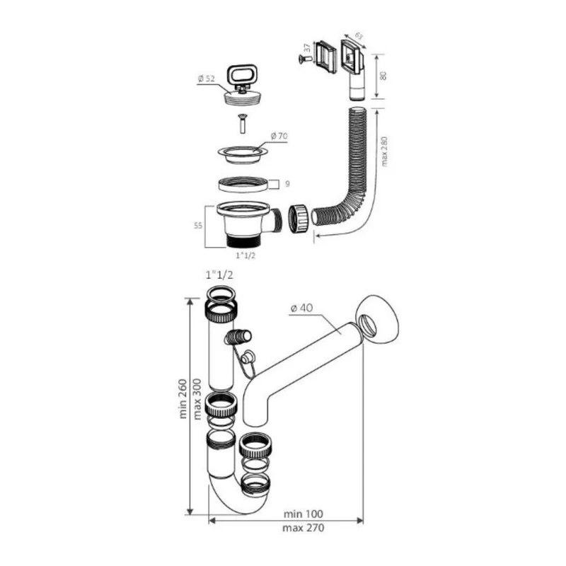 Sifone lavello a 1 via attacco 1"1/4 con piletta da 2" e scarico lavastoviglie - SIFONE1V114