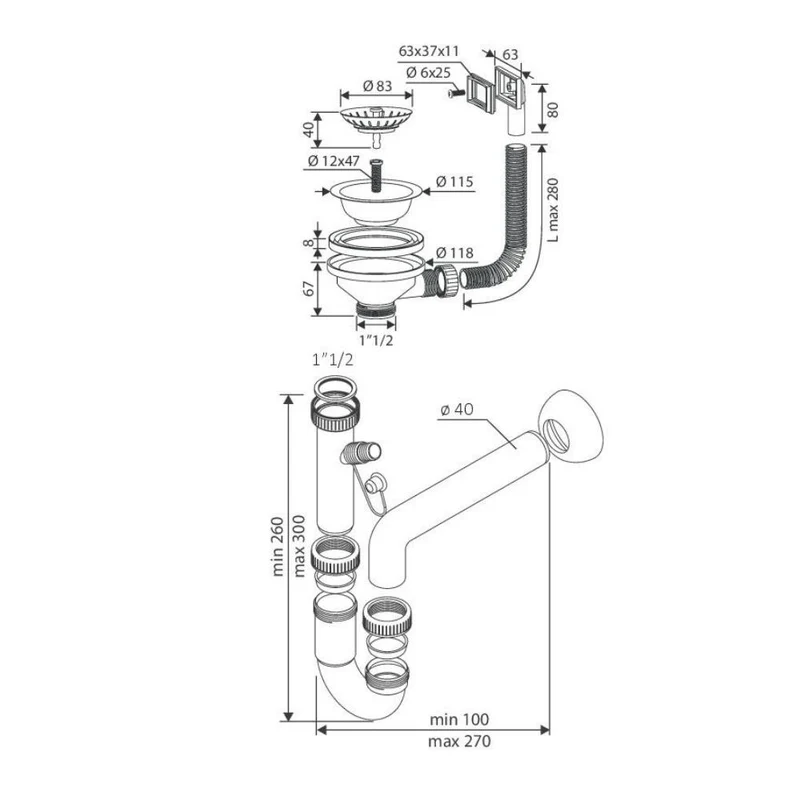Sifone lavello a 1 via attacco 1"1/2 con pilettone eco e scarico lavastoviglie - S471710