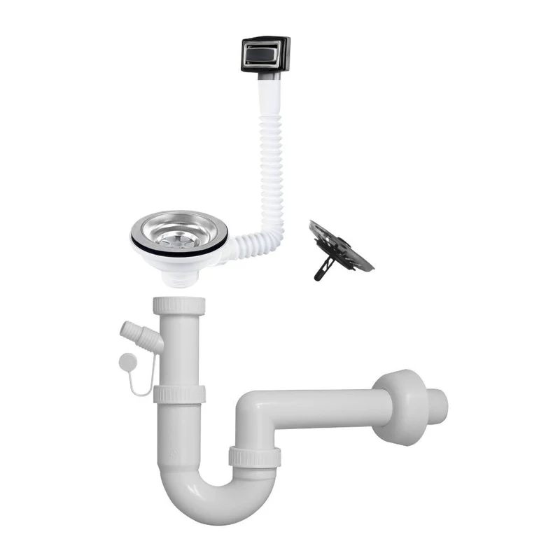 Sifone per lavello in quarzo a 1 via attacco 1"1/2 con pilettone eco e troppopieno rettangolare griglia inox - SifoneQUA1
