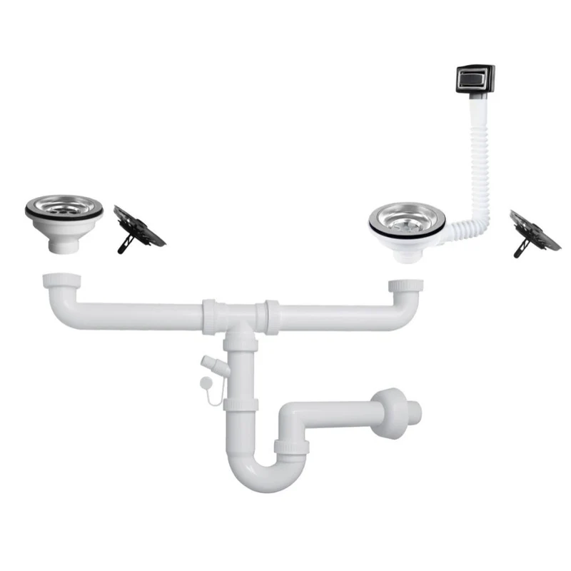 Sifone per lavello in quarzo a 2 vie attacco 1"1/2 con pilettone eco e troppopieno rettangolare griglia inox - SifoneQUA