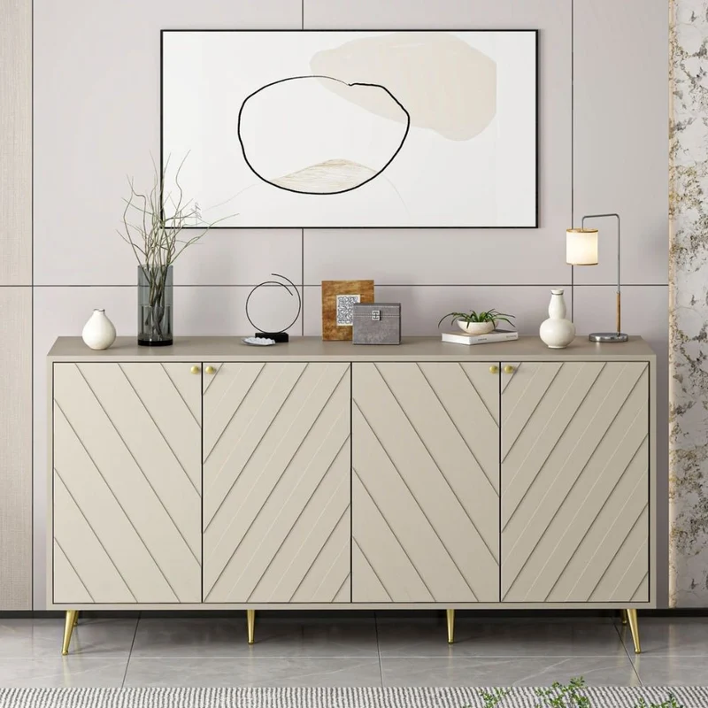 Madia con 4 ante a intagli geometrici colore cashmere con maniglie e piedini oro 180x90H cm - Giany