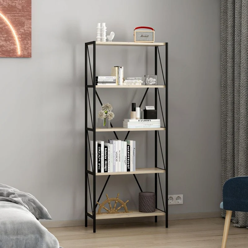 Libreria stile industriale colore nera e rovere 62x26x150H cm - Mekki