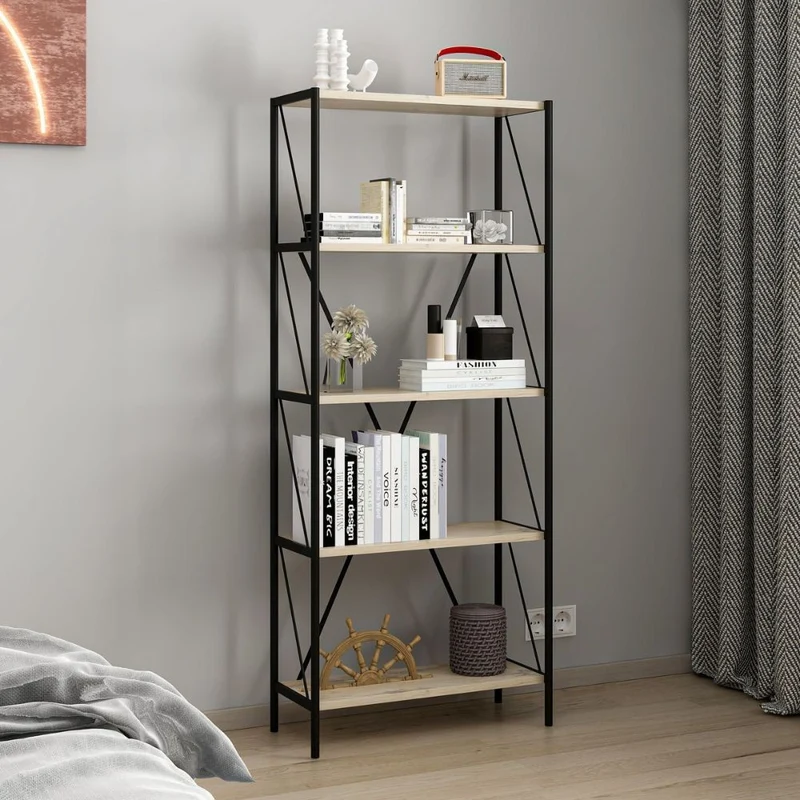 Libreria stile industriale colore nera e rovere 62x26x150H cm - Mekki