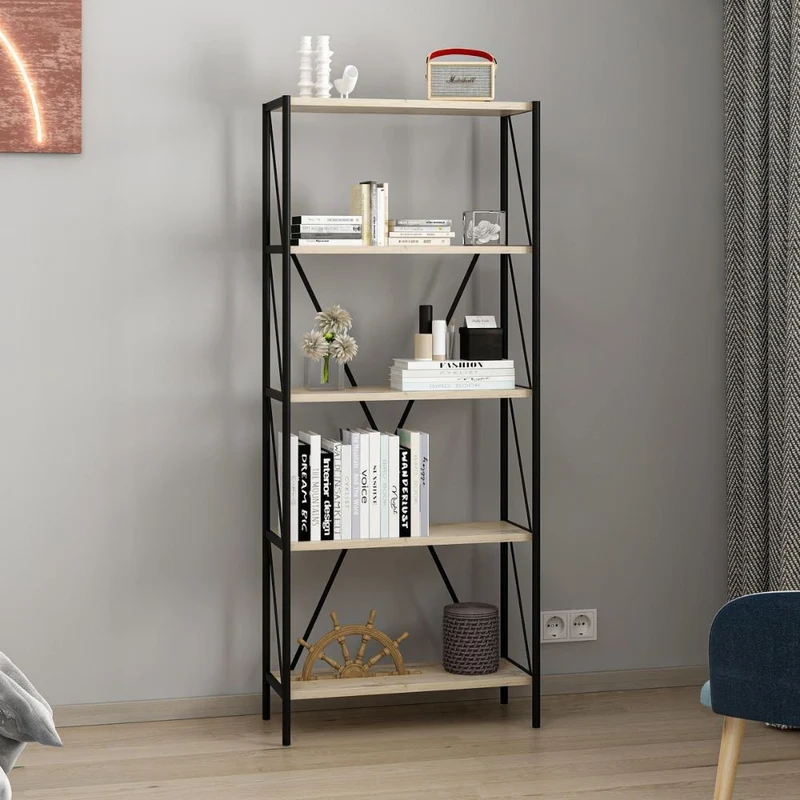 Libreria stile industriale colore nera e rovere 62x26x150H cm - Mekki