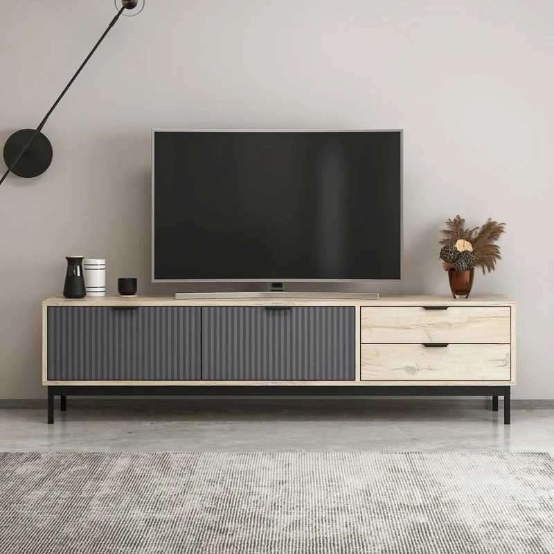 Mobile porta TV colore rovere chiaro e antracite con effetto cannettato 180x35x47H cm - Mayri