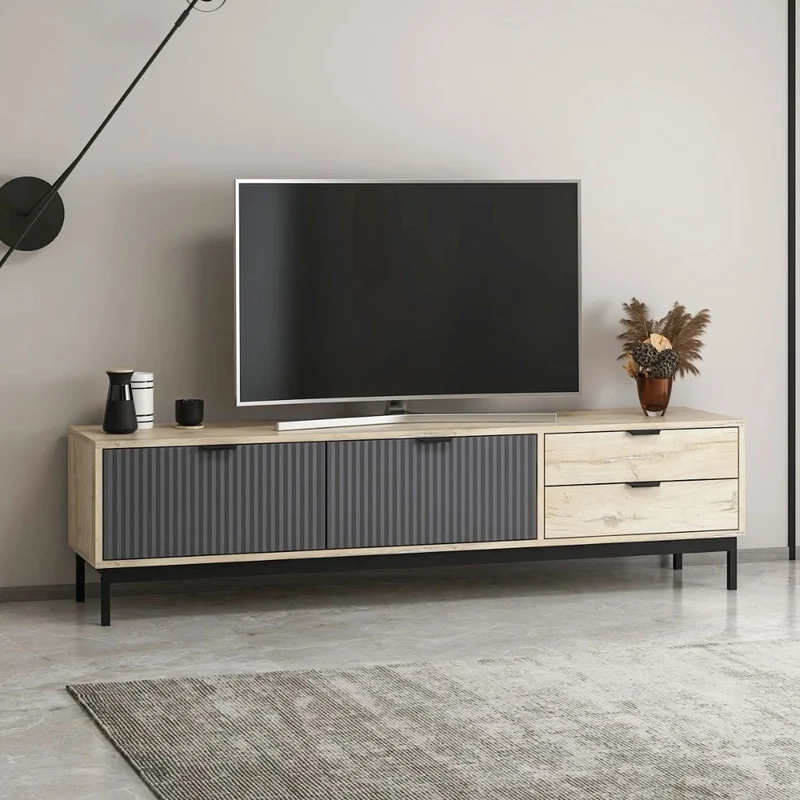 Mobile porta TV colore rovere chiaro e antracite con effetto cannettato 180x35x47H cm - Mayri
