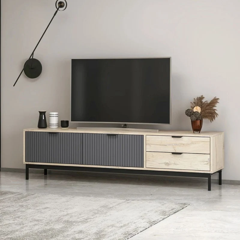 Mobile porta TV colore rovere chiaro e antracite con effetto cannettato 180x35x47H cm - Mayri