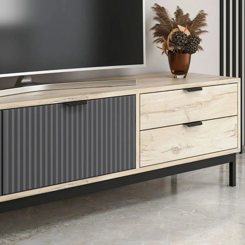 Mobile porta TV colore rovere chiaro e antracite con effetto cannettato 180x35x47H cm - Mayri