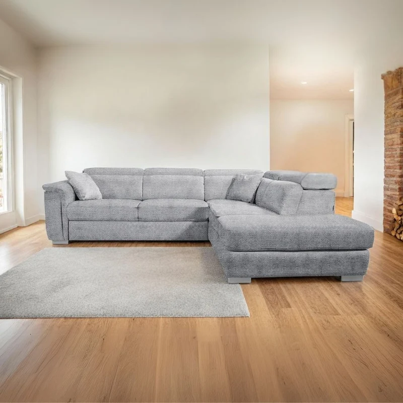 Divano Angolare Carovigno con penisola destra e pouff contenitore 270x240x75H in tessuto teddy grigio