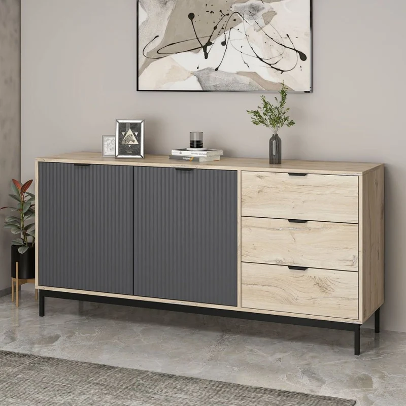 Madia con ante e cassetti colore rovere chiaro e antracite con effetto cannettato 180x45x90H cm - Mayri