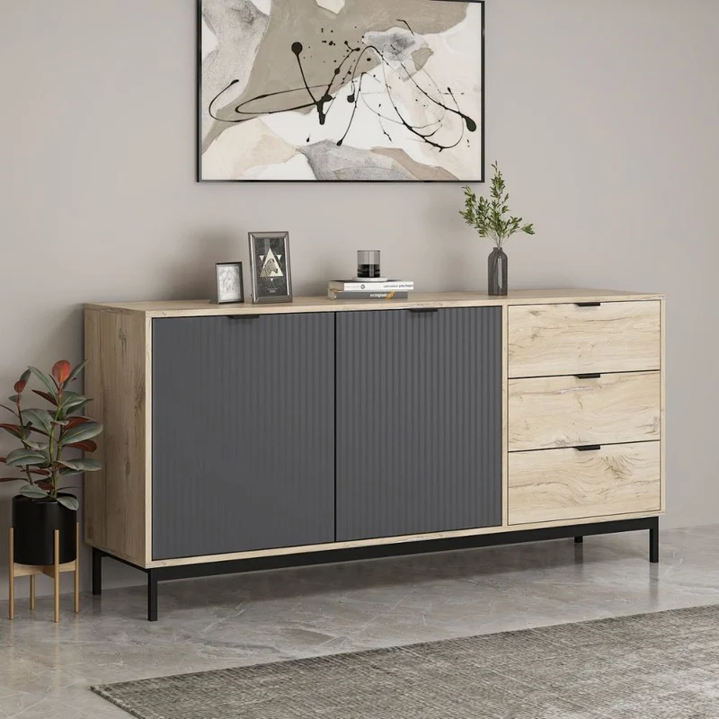 Madia con ante e cassetti colore rovere chiaro e antracite con effetto cannettato 180x45x90H cm - Mayri