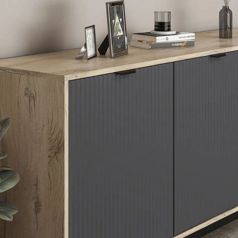 Madia con ante e cassetti colore rovere chiaro e antracite con effetto cannettato 180x45x90H cm - Mayri