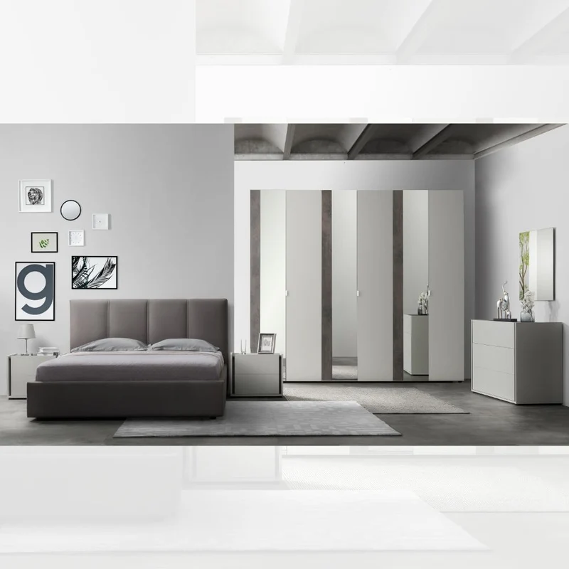Camera da letto completa con armadio a specchi olore grigio perla e ossido grigio - Mirya