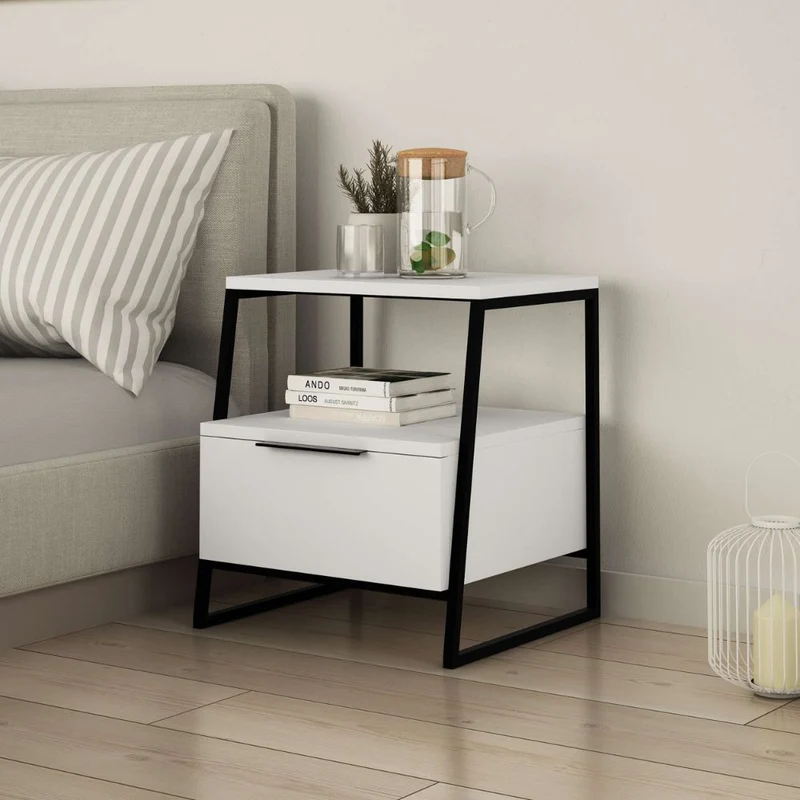Comodino con cassetto e ripiani colore bianco con gambe metallo nere 45x41x50H cm - Paul