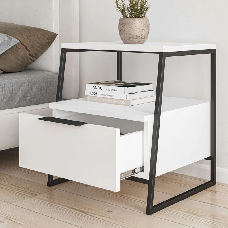 Comodino con cassetto e ripiani colore bianco con gambe metallo nere 45x41x50H cm - Paul