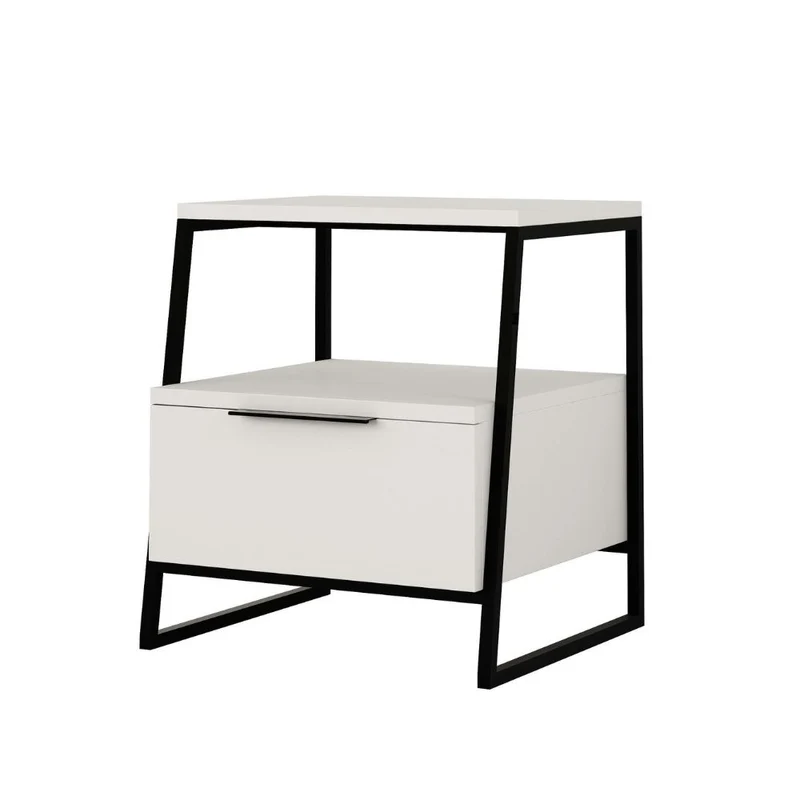Comodino con cassetto e ripiani colore bianco con gambe metallo nere 45x41x50H cm - Paul