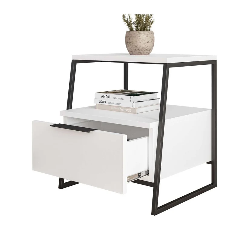 Comodino con cassetto e ripiani colore bianco con gambe metallo nere 45x41x50H cm - Paul