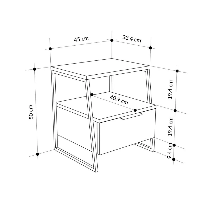 Comodino con cassetto e ripiani colore bianco con gambe metallo nere 45x41x50H cm - Paul