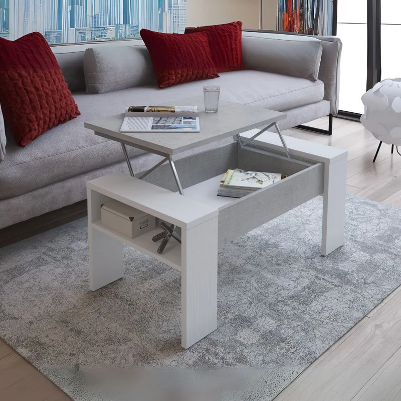 Tavolino contenitore con piano sollevabile colore cemento e bianco - Sasty