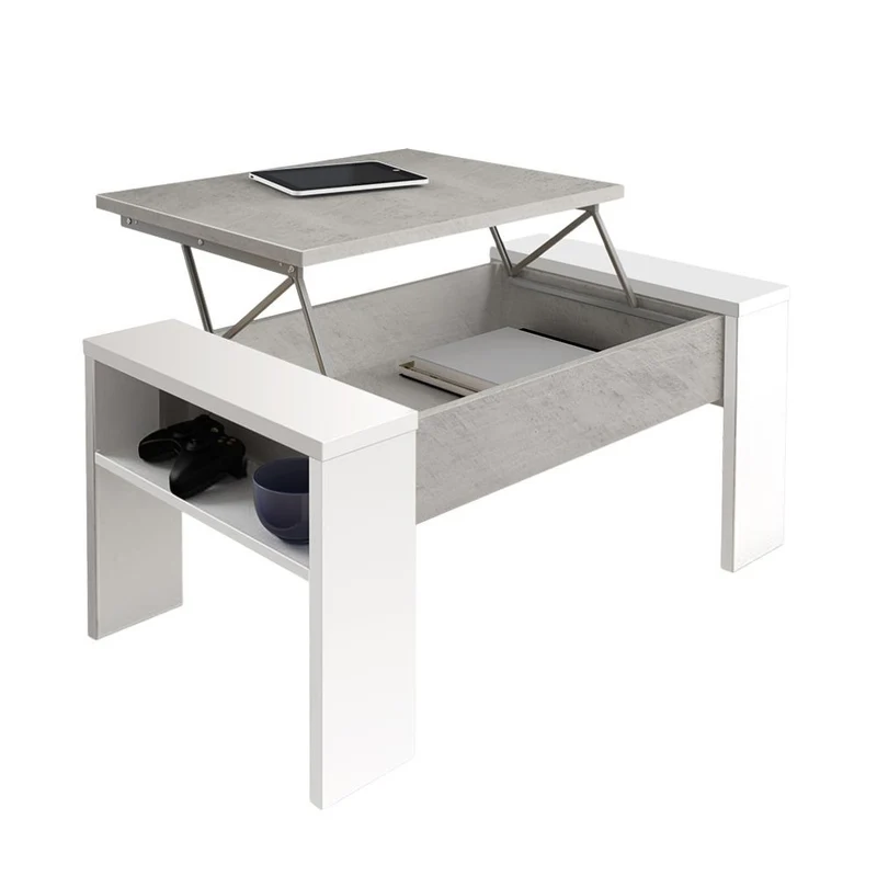 Tavolino contenitore con piano sollevabile colore cemento e bianco - Sasty