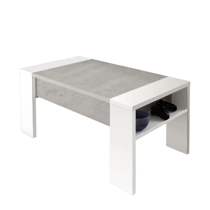 Tavolino contenitore con piano sollevabile colore cemento e bianco - Sasty