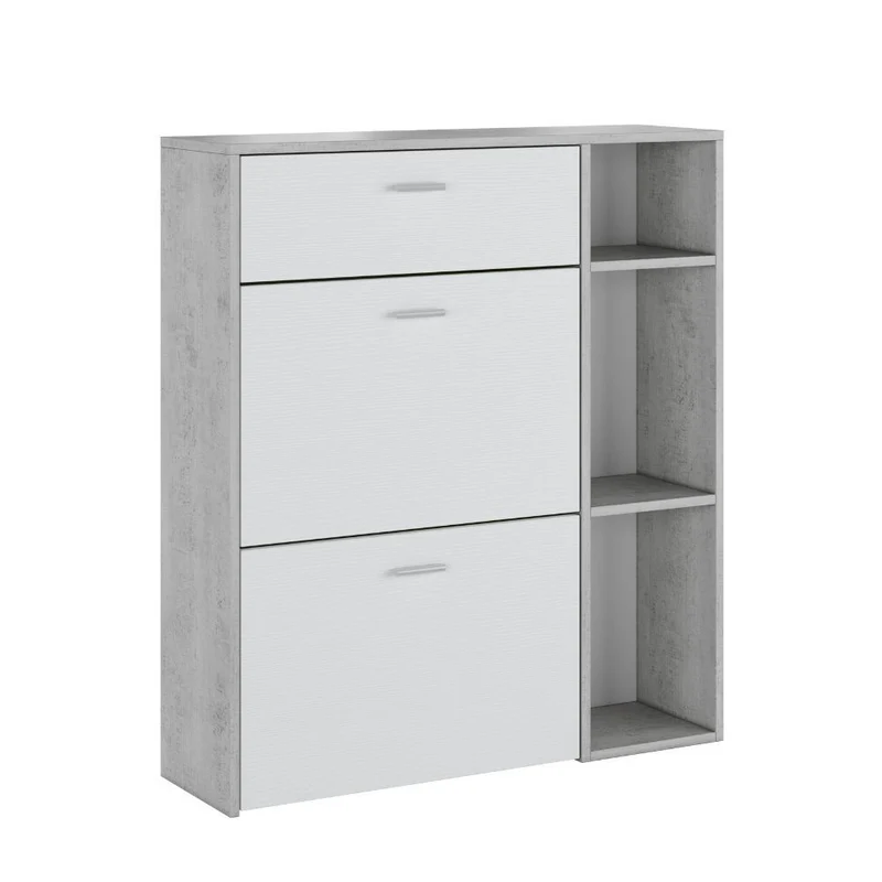 Scarpiera con 2 ante a ribalta e cassetto colore cemento e bianco 90x26x101,5H - Tamik