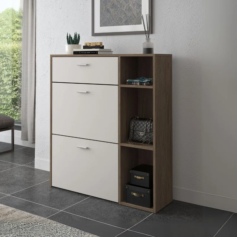 Scarpiera con 2 ante a ribalta e cassetto colore columella e cashmere 90x26x101,5H - Tamik