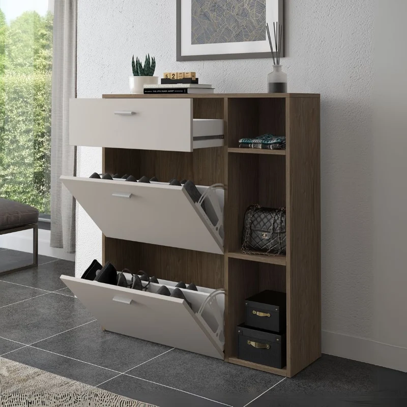 Scarpiera con 2 ante a ribalta e cassetto colore columella e cashmere 90x26x101,5H - Tamik