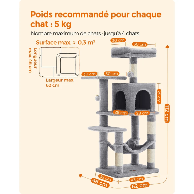 Arbre à chat design moderne pour 4 chats 45 x 35 x 112 cm en panneau d'aggloméré gris clair 12_0010160