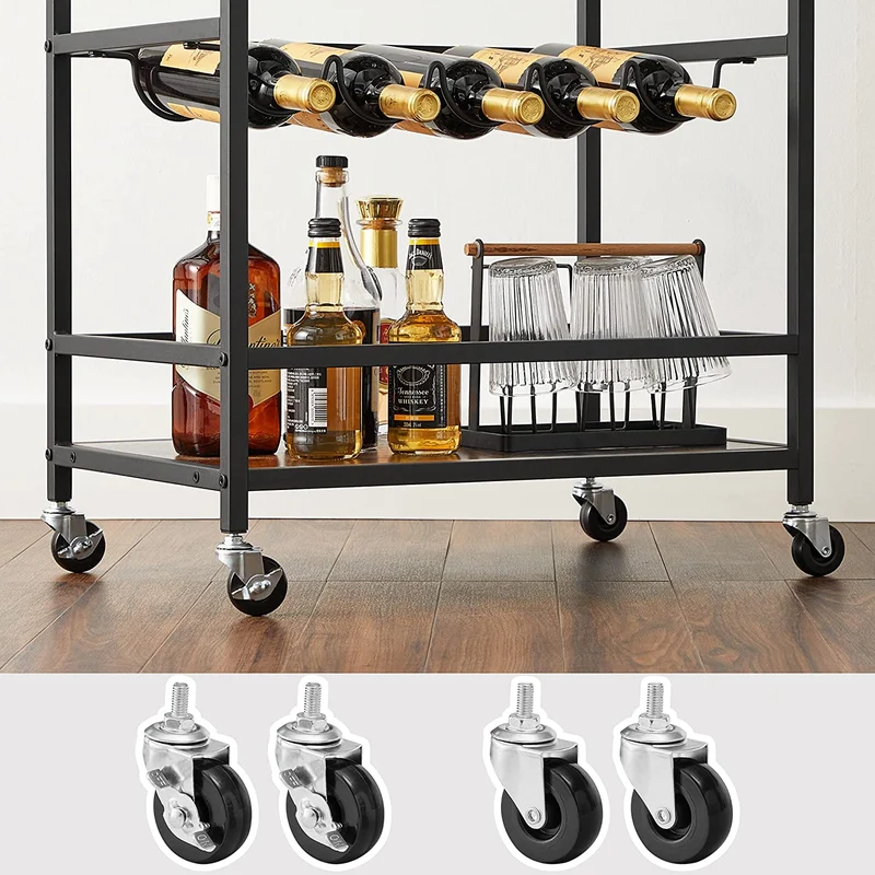Desserte mobile sur roulettes avec supports pour verres et portes-bouteilles 60 x 40 x 75 cm style industriel en aggloméré marron 12_0009765