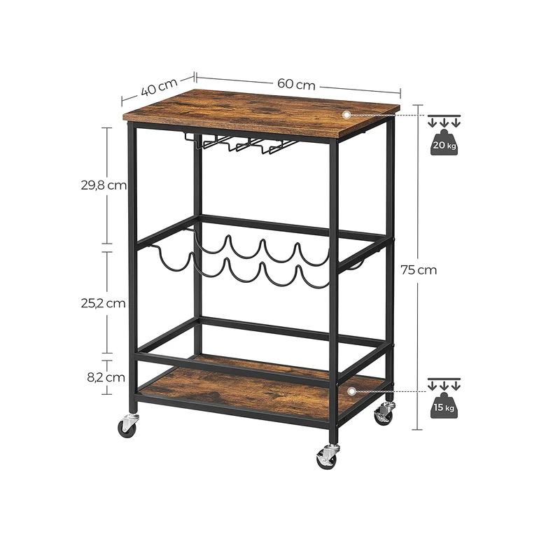Desserte mobile sur roulettes avec supports pour verres et portes-bouteilles 60 x 40 x 75 cm style industriel en aggloméré marron 12_0009765
