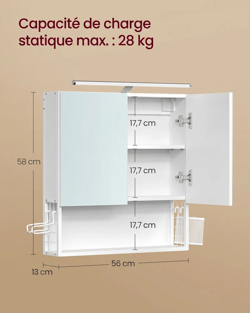 Armoire murale avec miroir et étagère réglable salle de bain 13 x 56 x 58 cm en acier blanc 12_0013172